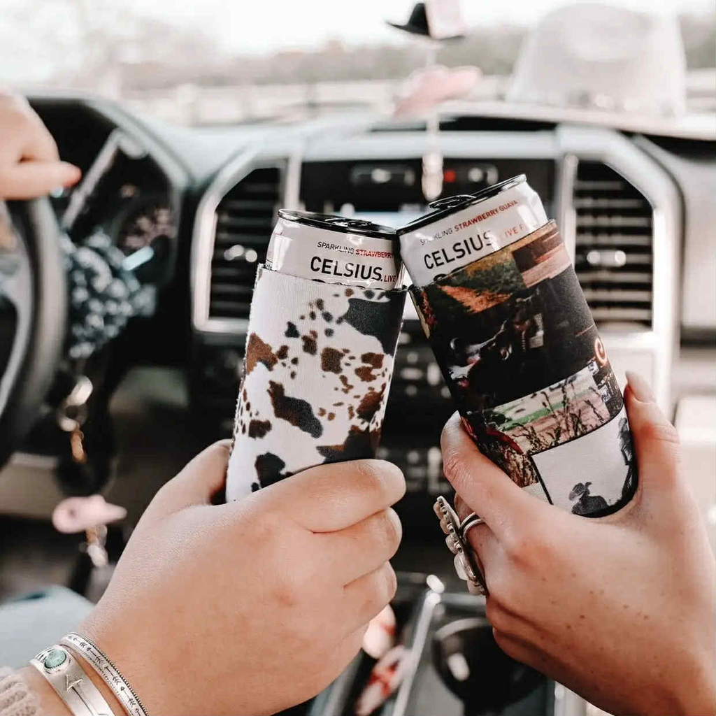 Slim Can Mooving On Brown Cowhide Koozie
